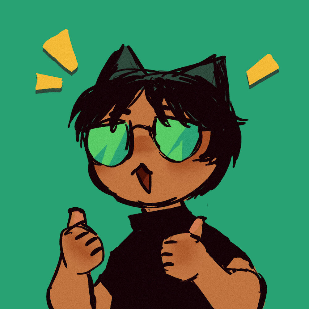 ID: simplified drawing of myself with cat ears, wearing a black shirt and glasses. I am doing a thumbs up with both hands. end ID