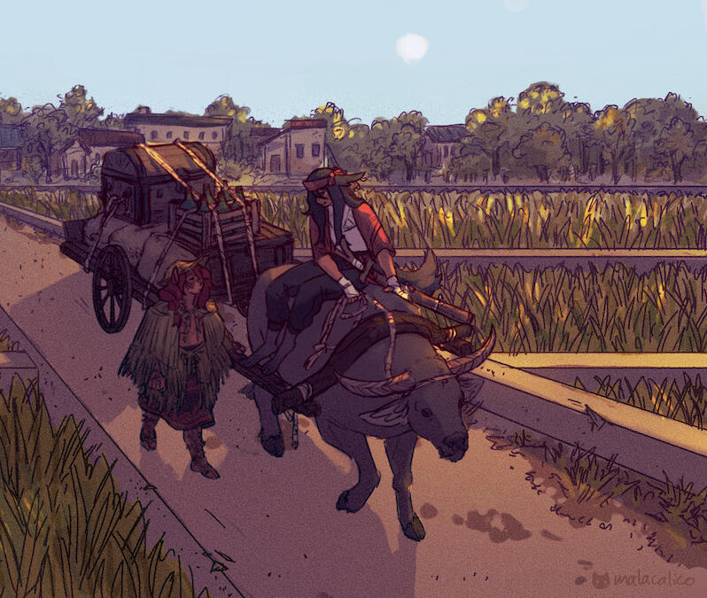 ID: carabao drawn cart escorted by two men down a path surrounded by rice fields, a town in the background. End ID
